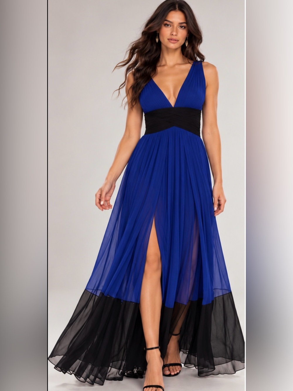 BCBGMaxAzria Royal Blue and Black V-Neck Pleated Maxi Dress
